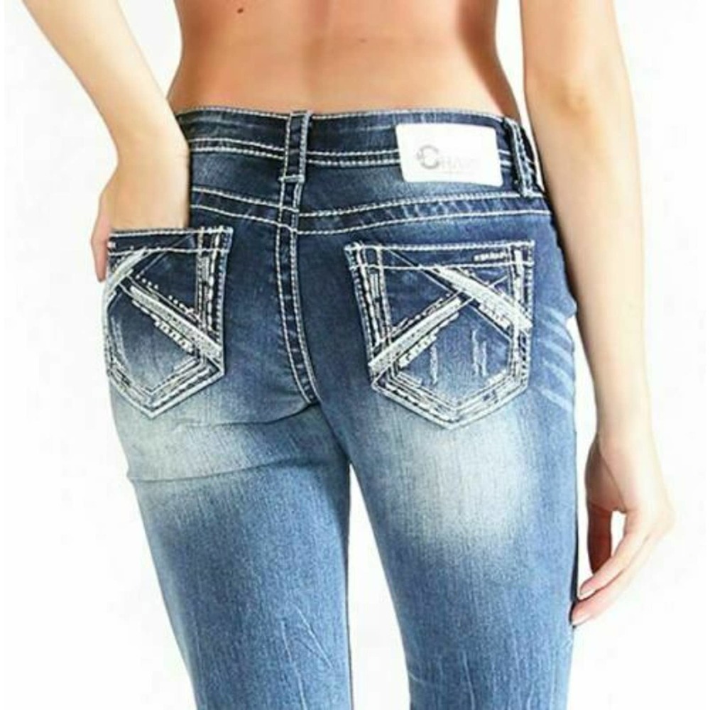 Charme by Grace in LA X Stitch Embellished Embroidered Bootcut Stretch Jeans